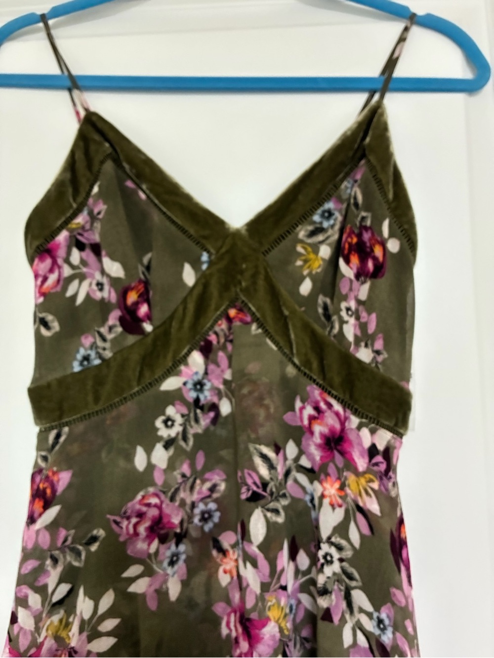 White House Black Market Olive Floral Maxi Dress with Pink & Purple Blooms